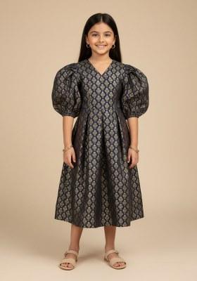 Girls Navy Blue Brocade Dress