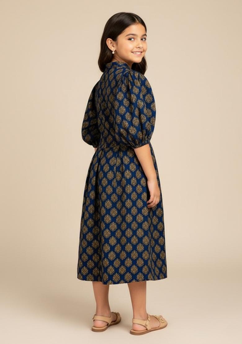 Girls Navy Blue Brocade Dress - Indya