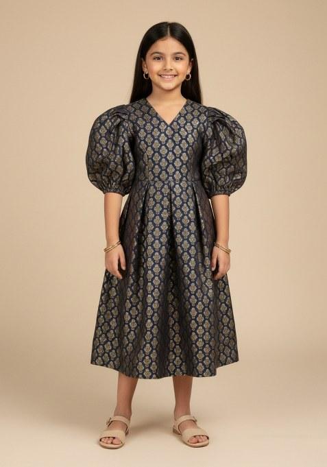 Girls Navy Blue Brocade Dress
