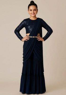 Girls Deep Blue Embellished Georgette Fusion Set