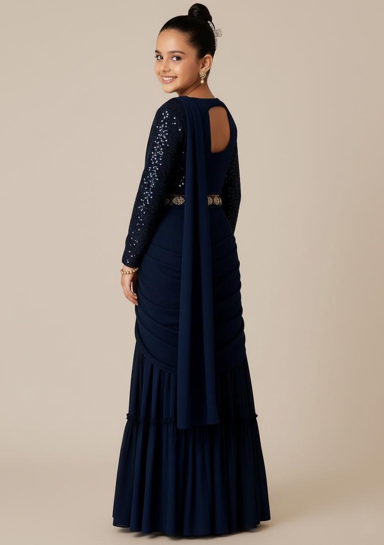 Girls Deep Blue Embellished Georgette Fusion Set - Indya
