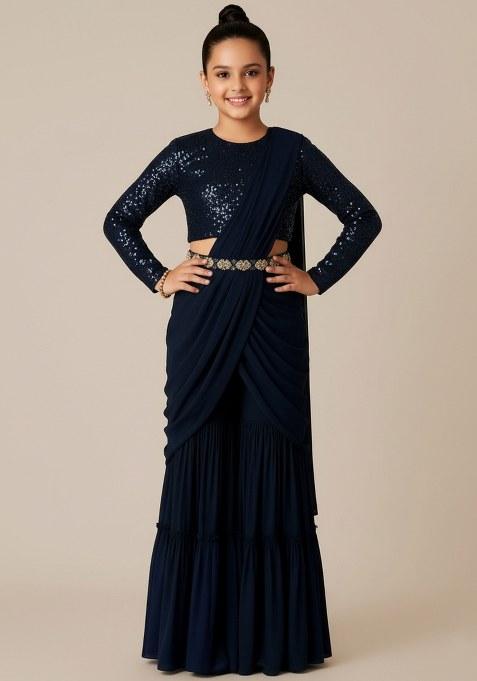 Girls Deep Blue Embellished Georgette Fusion Set