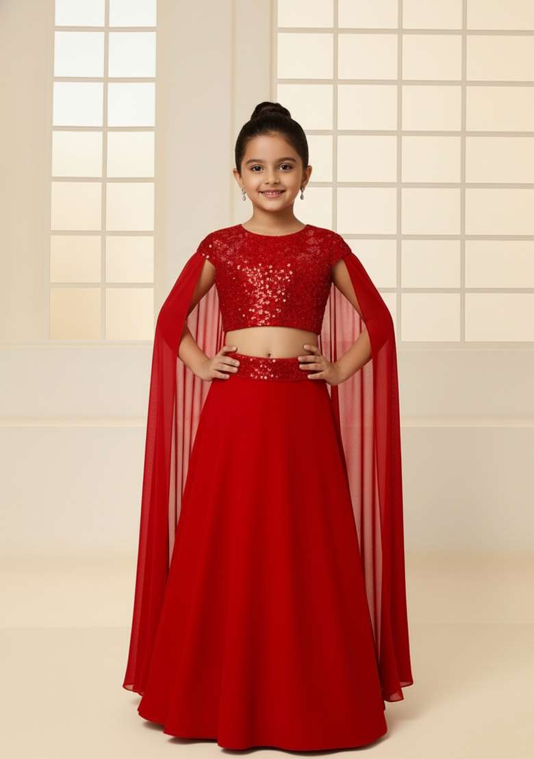 Girls Red Sequin Georgette Fusion Set - Indya