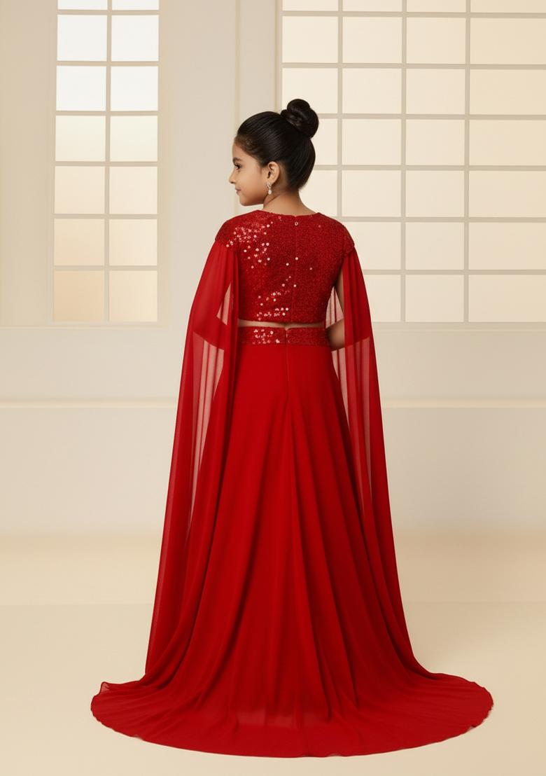 Girls Red Sequin Georgette Fusion Set - Indya