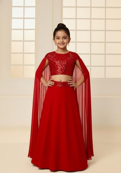 Girls Red Sequin Georgette Fusion Set