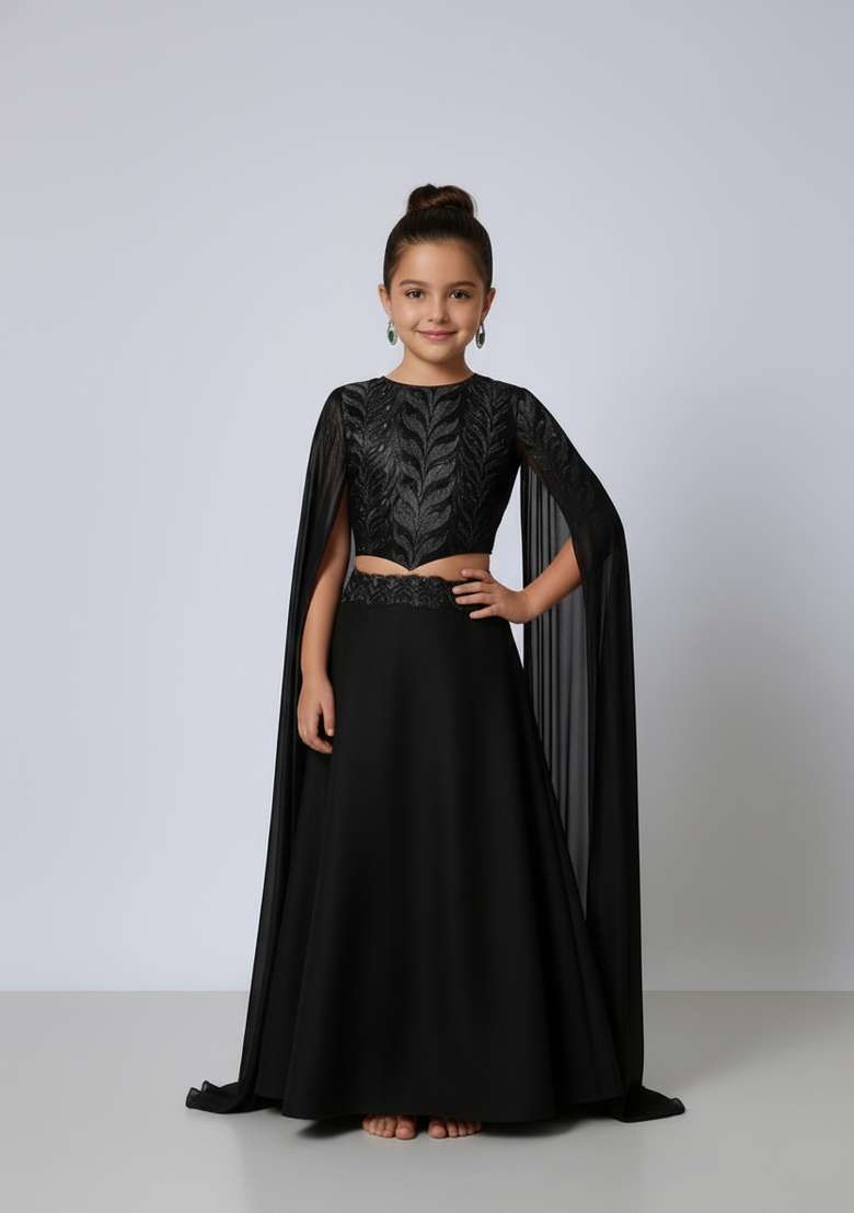Girls Black Foil Print Organza Fusion Set - Indya