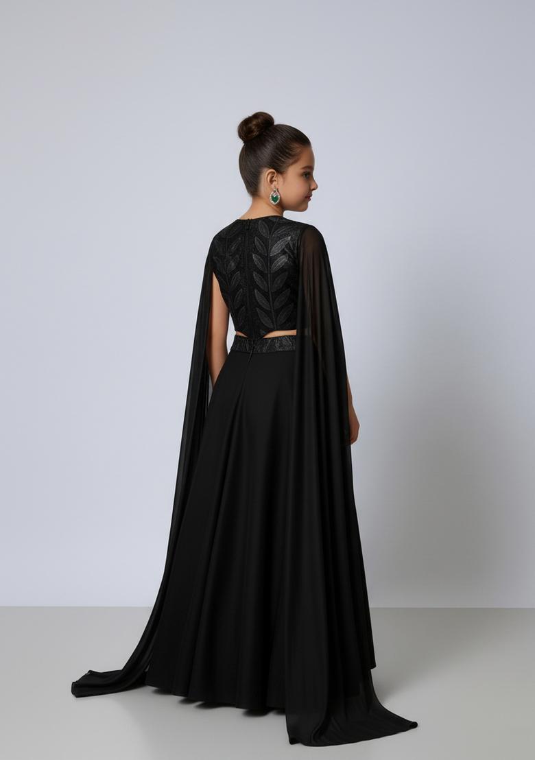 Girls Black Foil Print Organza Fusion Set - Indya