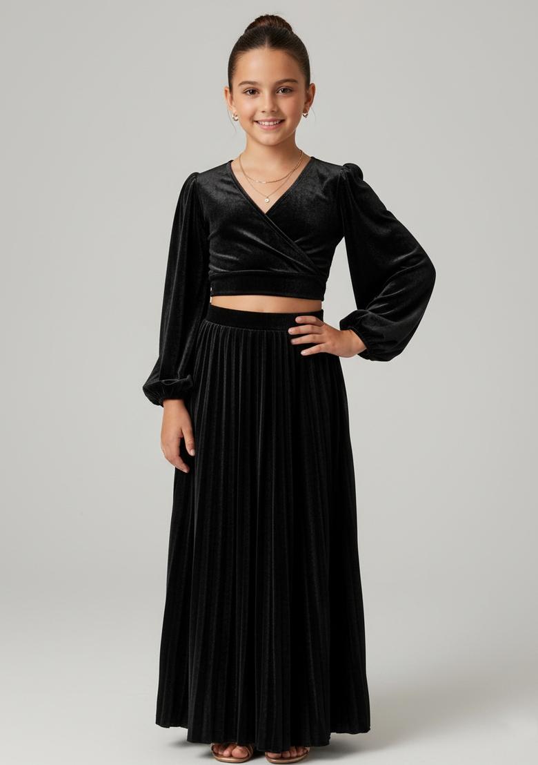 Girls Black Solid Chiffon Co-Ord Set - Indya