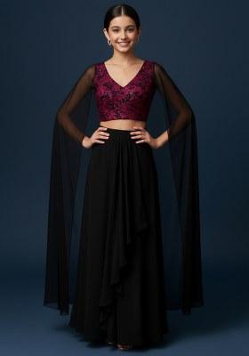 Girls Black And Pink Embroidered Georgette Co-Ord Set