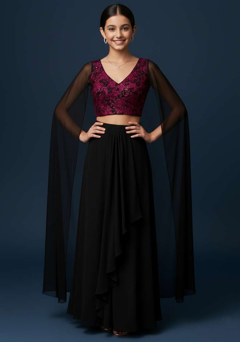 Girls Black And Pink Embroidered Georgette Co-Ord Set - Indya