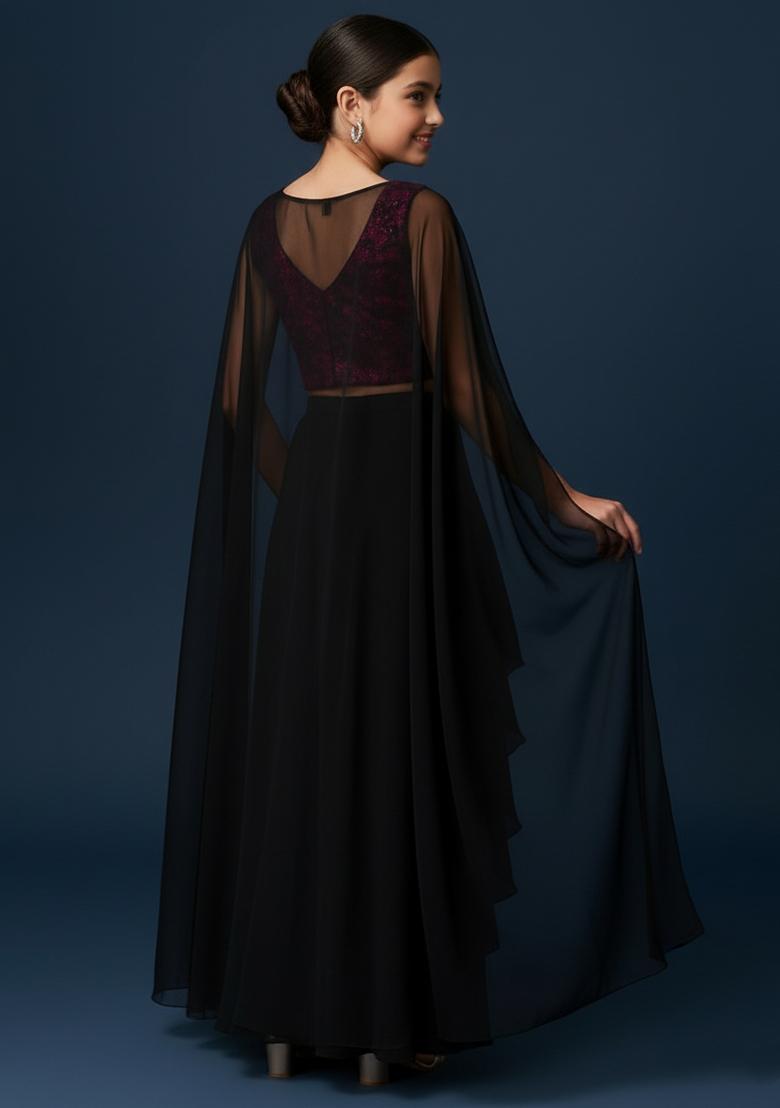 Girls Black And Pink Embroidered Georgette Co-Ord Set - Indya