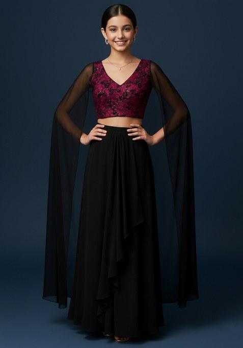 Girls Black And Pink Embroidered Georgette Co-Ord Set