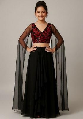 Girls Black And Red Embroidered Georgette Fusion Set
