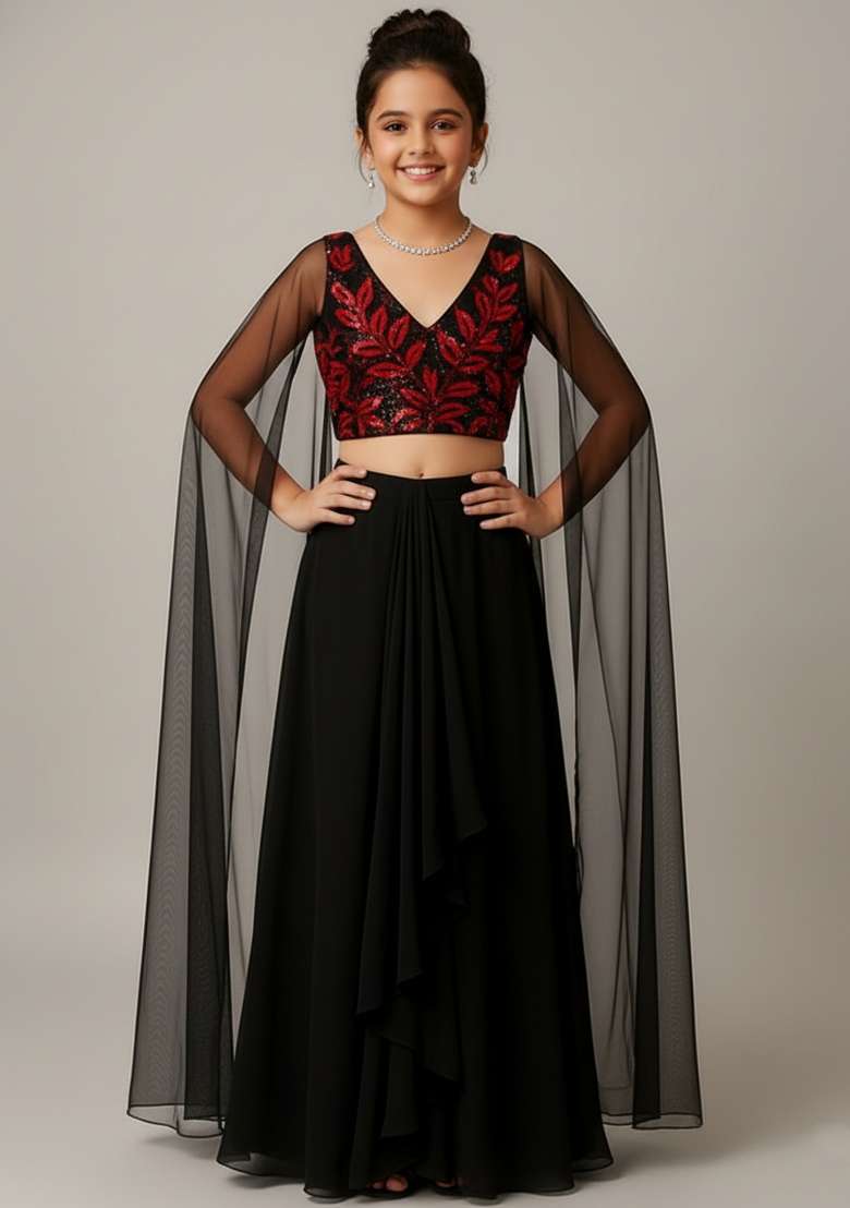 Girls Black And Red Embroidered Georgette Fusion Set - Indya