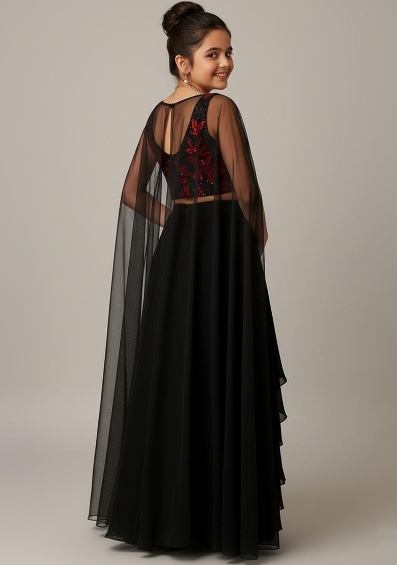 Girls Black And Red Embroidered Georgette Fusion Set - Indya