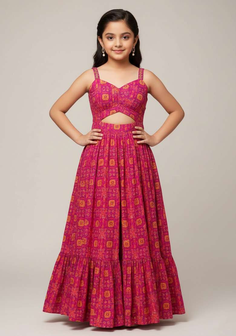 Girls Pink Floral Print Satin Lehenga Set - Indya