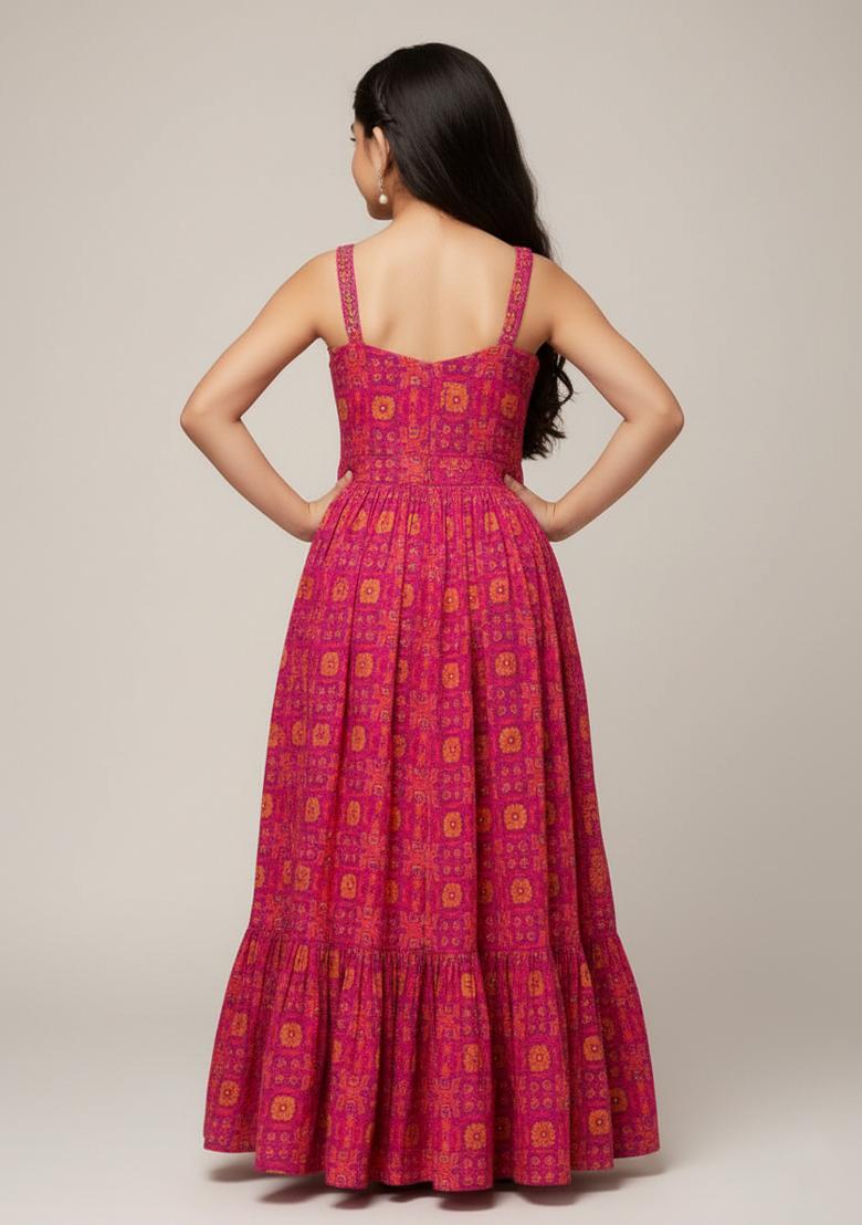 Girls Pink Floral Print Satin Lehenga Set - Indya