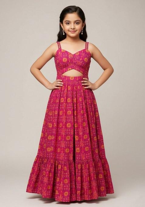 Girls Pink Floral Print Satin Lehenga Set