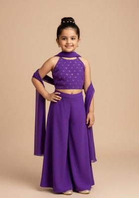 Girls Purple Embroidered Georgette Fusion Set