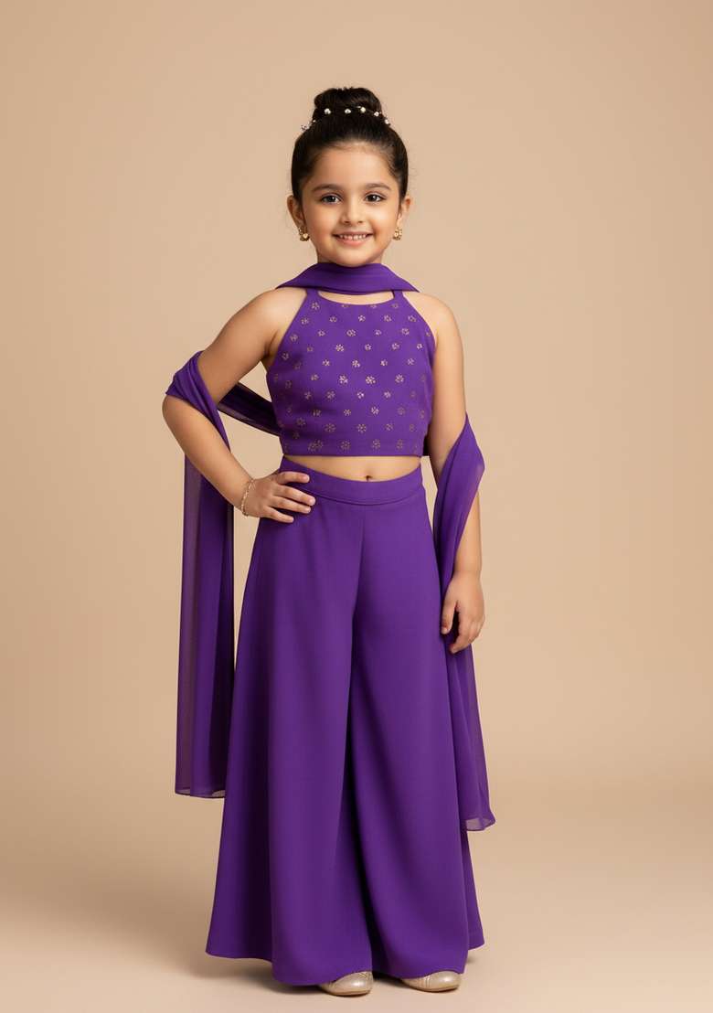 Girls Purple Embroidered Georgette Fusion Set - Indya