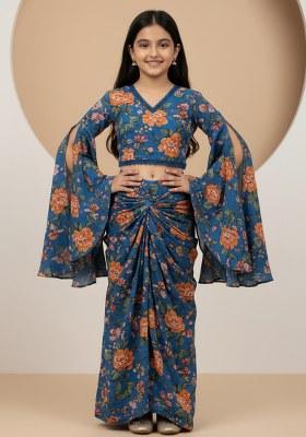 Girls Blue Floral Print Chiffon Fusion Set