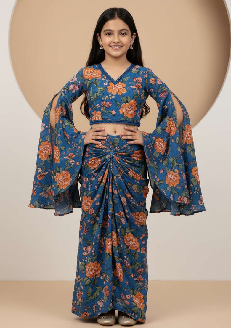 Girls Blue Floral Print Chiffon Fusion Set - Indya