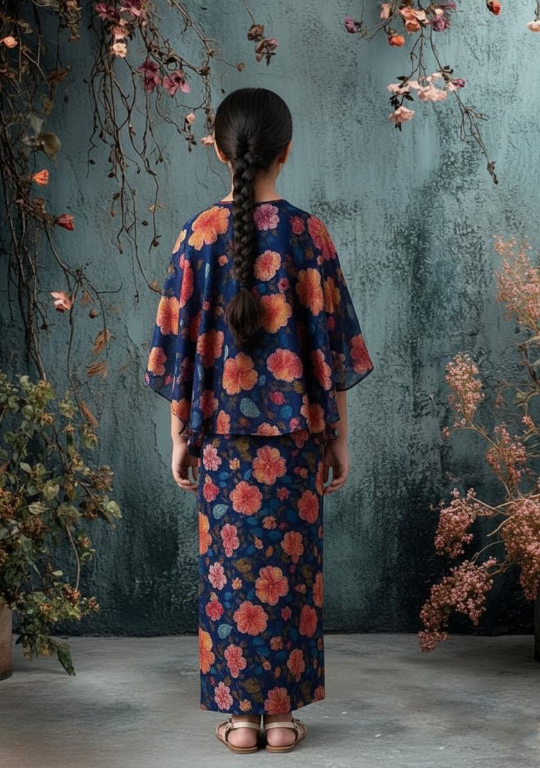 Girls Blue Floral Print Chiffon Fusion Set - Indya