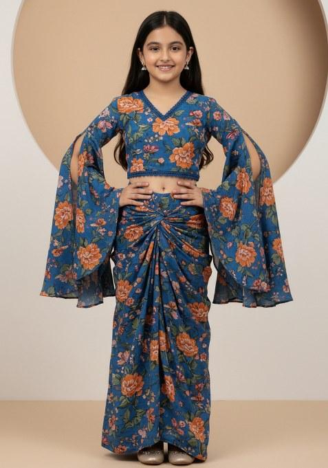 Girls Blue Floral Print Chiffon Fusion Set