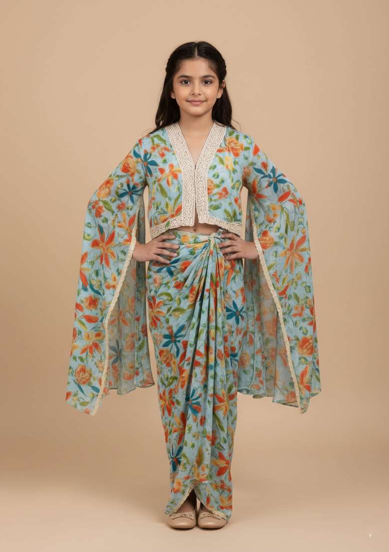 Girls Pastel Blue Floral Print Chiffon Fusion Set - Indya