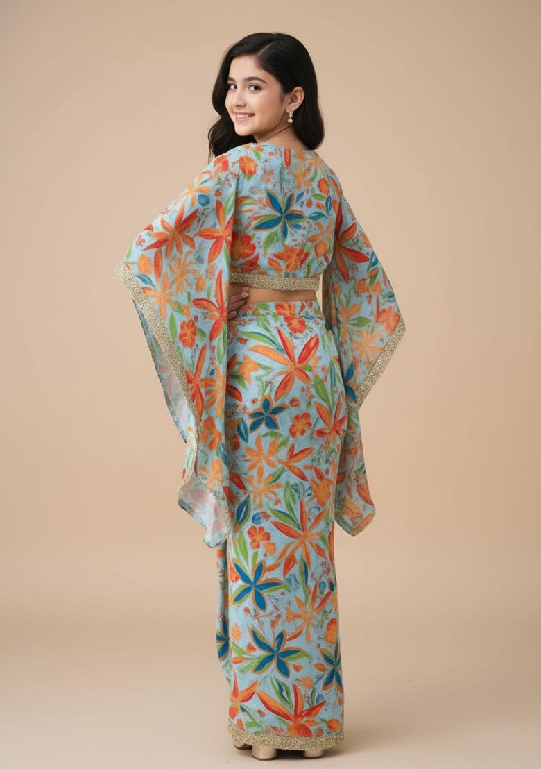 Girls Pastel Blue Floral Print Chiffon Fusion Set - Indya