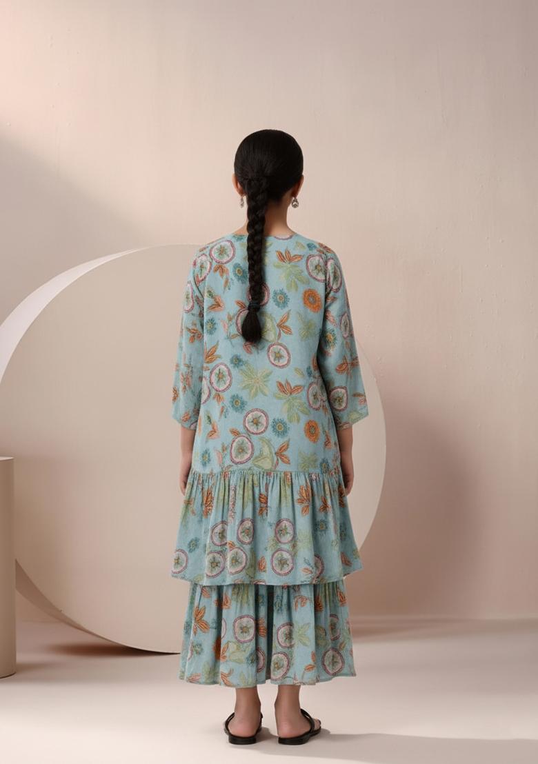 Girls Pastel Blue Floral Print Chinon Fusion Set - Indya