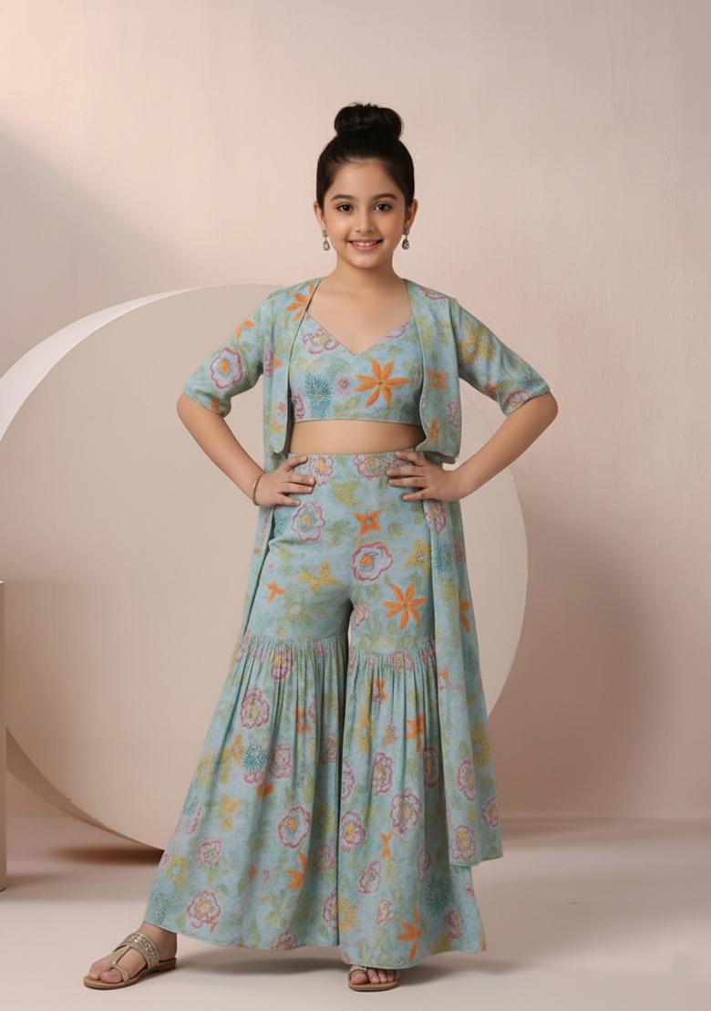 Girls Pastel Blue Floral Print Chinon Fusion Set - Indya