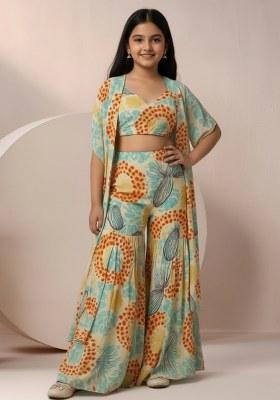 Girls Multicolor Abstract Print Chinon Fusion Set