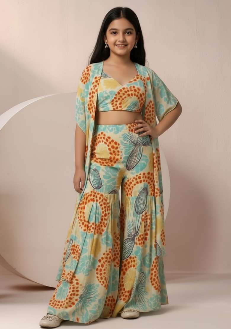 Girls Multicolor Abstract Print Chinon Fusion Set - Indya