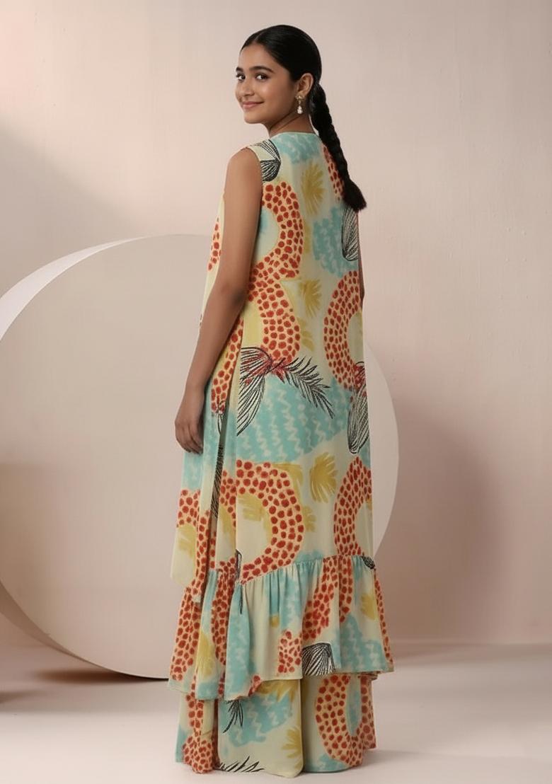 Girls Multicolor Abstract Print Chinon Fusion Set - Indya