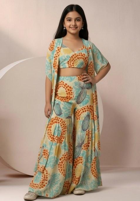 Girls Multicolor Abstract Print Chinon Fusion Set