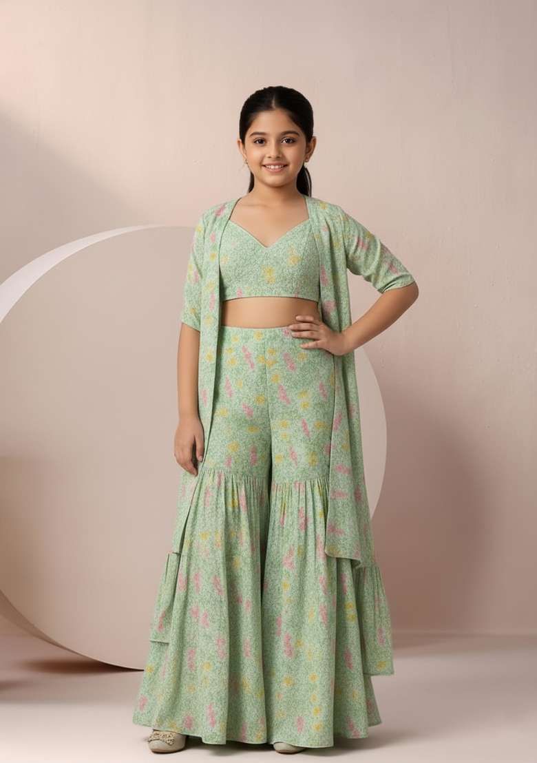 Girls Mint Green Floral Print Chinon Fusion Set - Indya