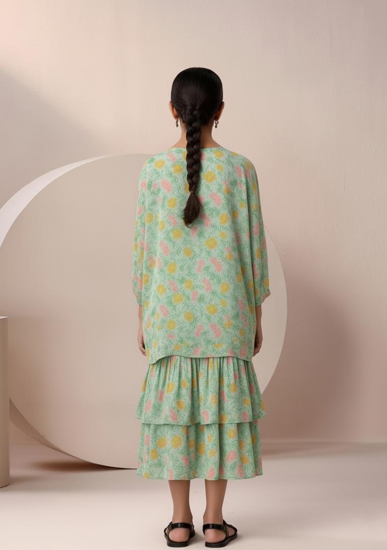 Girls Mint Green Floral Print Chinon Fusion Set - Indya