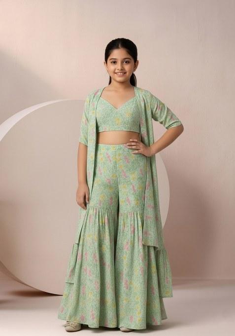 Girls Mint Green Floral Print Chinon Fusion Set