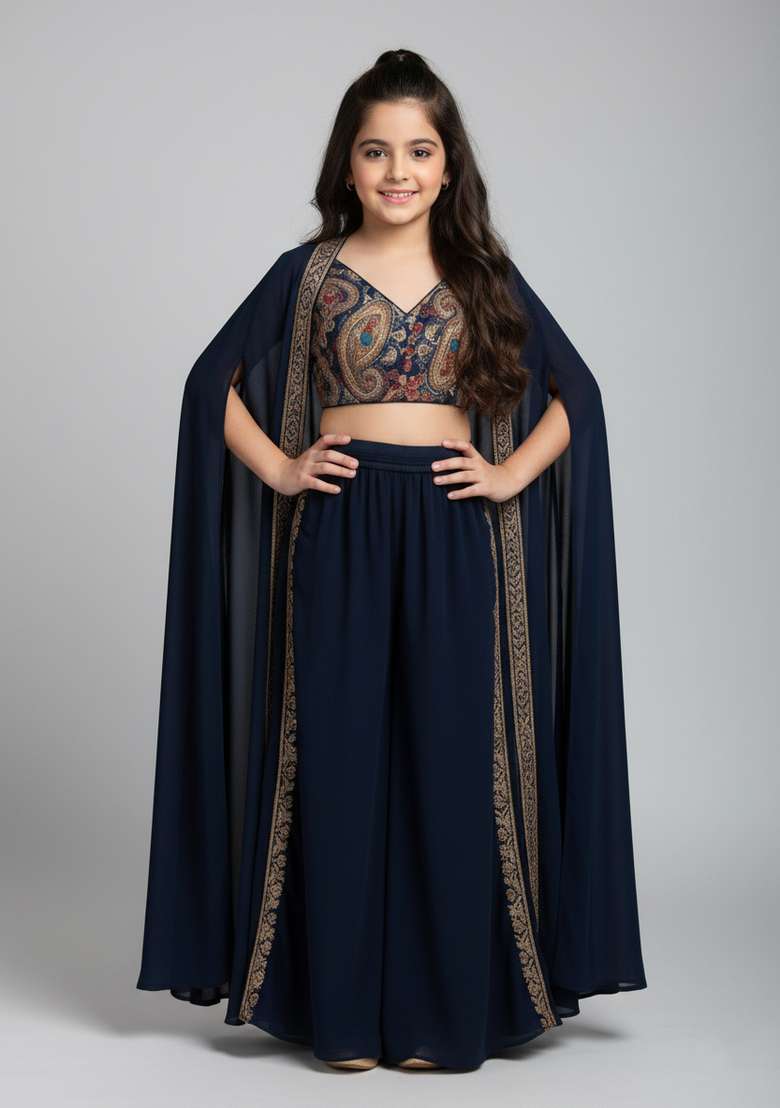 Girls Black Abstract Print Chinon Fusion Set - Indya