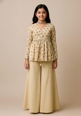 Girls Green Floral Print Satin Fusion Set