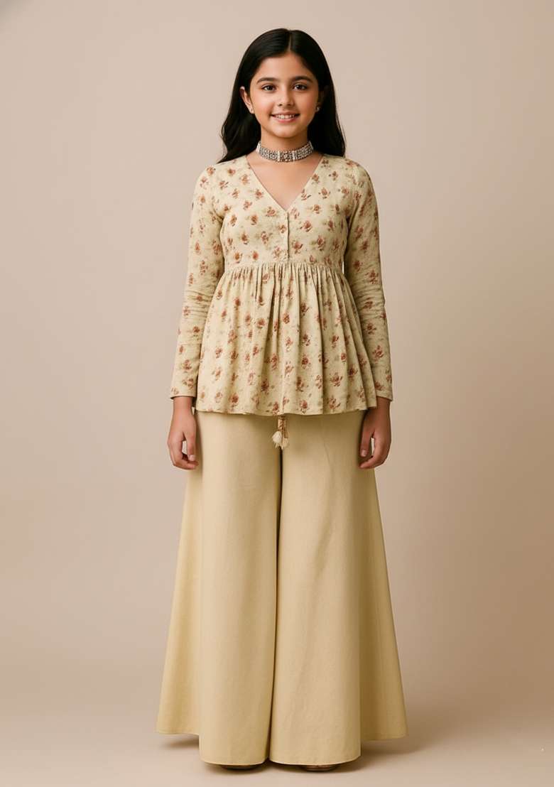 Girls Green Floral Print Satin Fusion Set - Indya