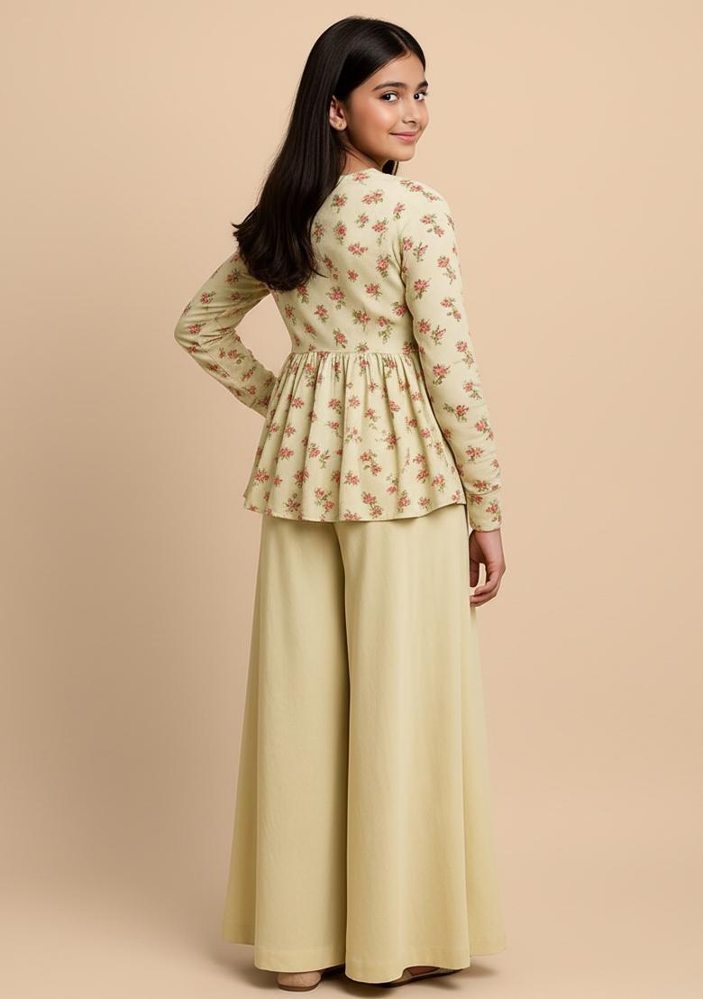 Girls Green Floral Print Satin Fusion Set - Indya