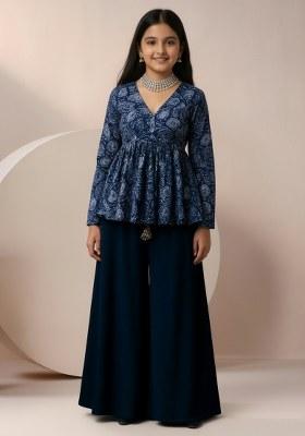 Girls Navy Blue Abstract Print Satin Fusion Set