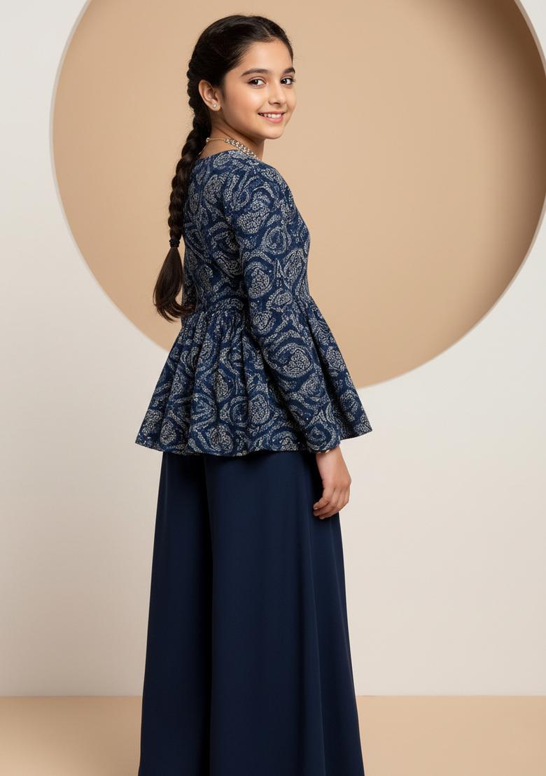 Girls Navy Blue Abstract Print Satin Fusion Set - Indya