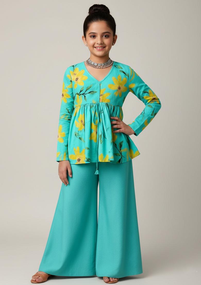 Girls Blue Floral Print Satin Fusion Set - Indya