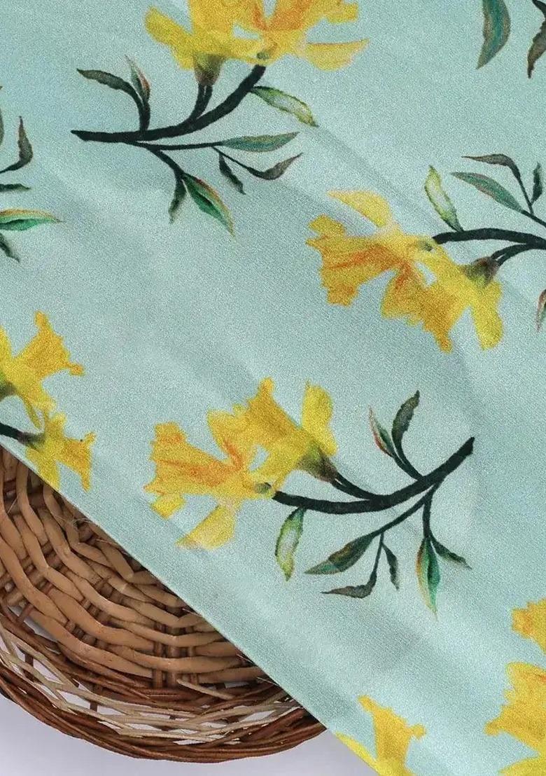 Girls Blue Floral Print Satin Fusion Set - Indya