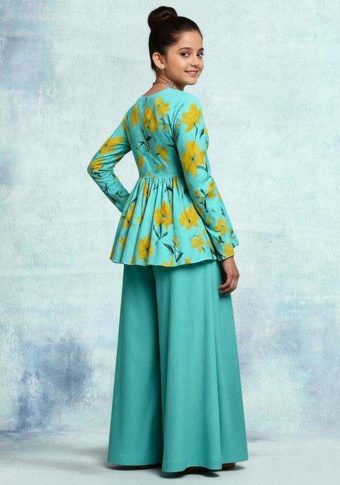 Girls Blue Floral Print Satin Fusion Set