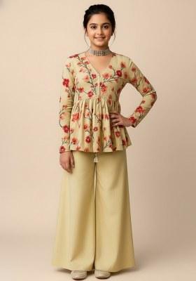 Girls Cream Floral Print Satin Fusion Set