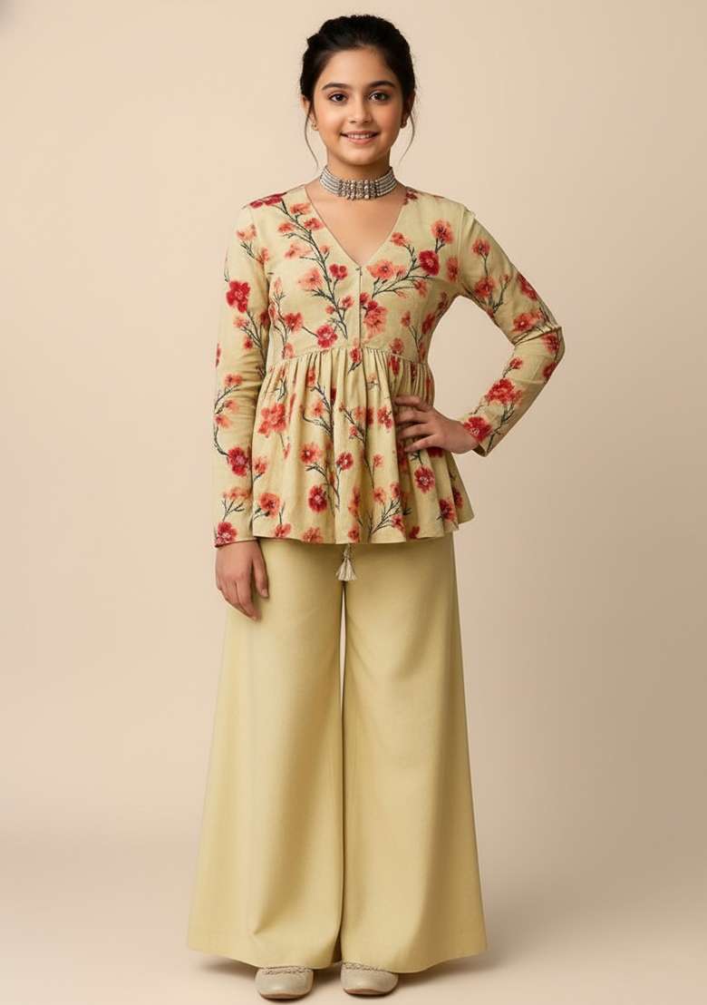 Girls Cream Floral Print Satin Fusion Set - Indya